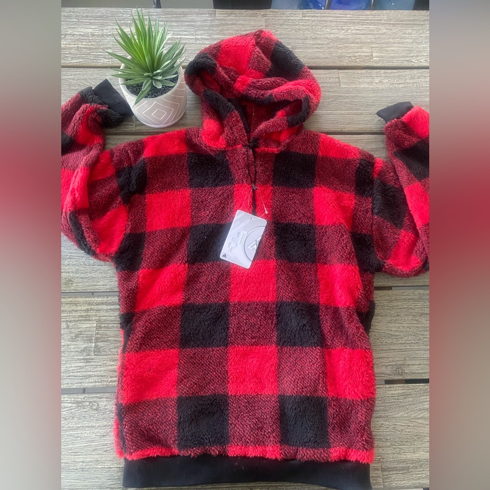 NWT Girls Red & Black Sherpa Fleece Hooded Pullover Sweatshirt, Sz 14-15 - Picture 2 of 6